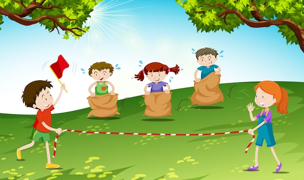 Kinder spielen sprung sack in der park-illustration