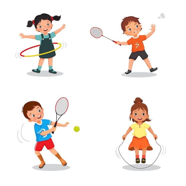Kinder spielen verschiedene sportarten wie hula hoop badminton tennis und springseil