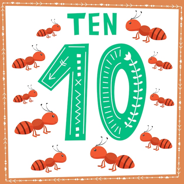 Kinder-Tiere-Cartoon mit allen Zahlen, Vektor-Illustration, isoliertes Bild auf weißem Hintergrund. 10 Ameisen