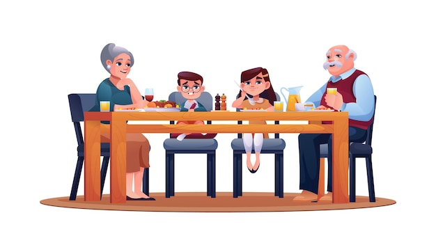 Kinder und Großeltern am Tisch genießen das Abendessen