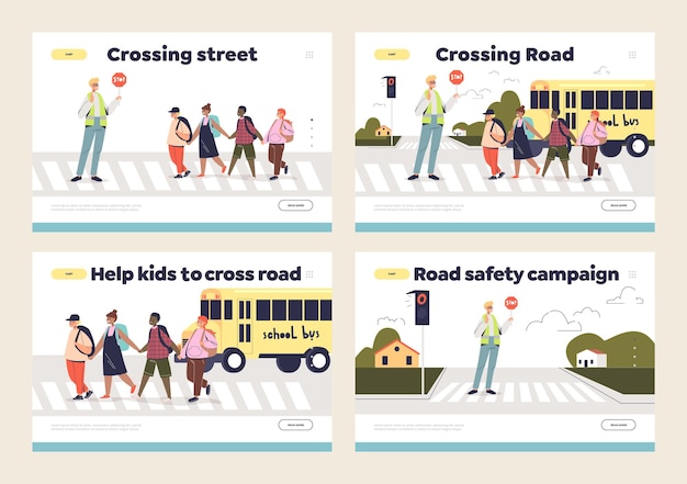 Vektor kinder- und straßenkreuzungssatz der landingpage