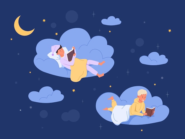 Kinder vor dem schlafengehen lesen teenager nacht lesen buch geschichte schlafen geschichtenerzählen mit bruder im schlafanzug kind himmel wolke mond vor dem schlafen im schlafzimmer abend storytime vektor-illustration