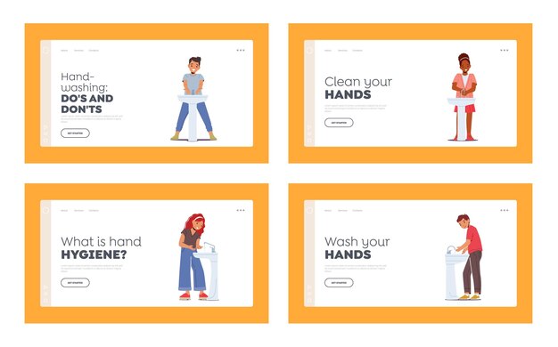 Vektor kinder waschen hände landing page template set fröhliche kleine jungen und mädchen charaktere hygiene morgenroutine