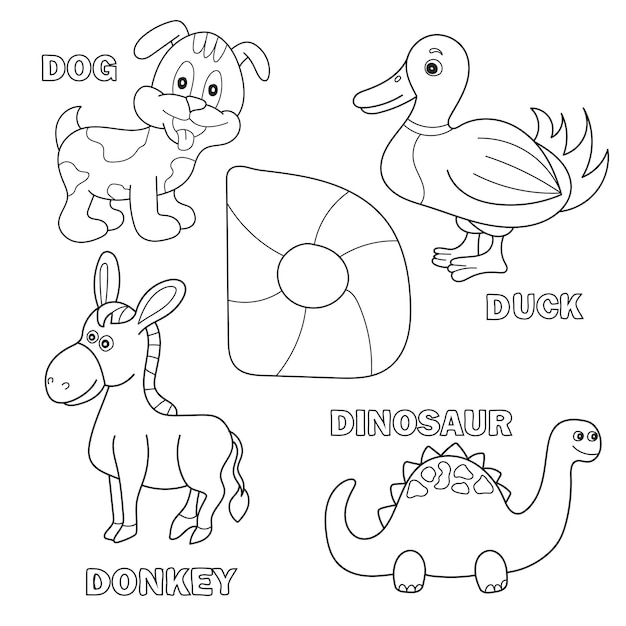 Kinderalphabet-Malbuchseite mit umrissenen Cliparts. Buchstabe D - Dinosaurier, Hund, Ente, Esel
