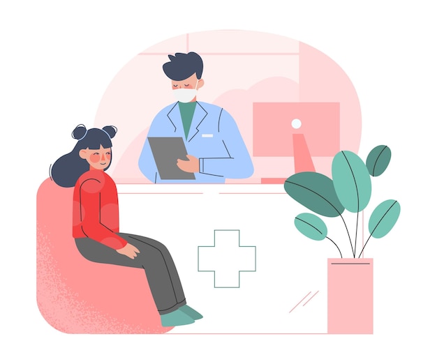 Kinderarzt, Arzt, der die medizinische Klinik von Girl Din untersucht Gesundheit und medizinische Behandlung Konzept Cartoon-Vektor-Illustration