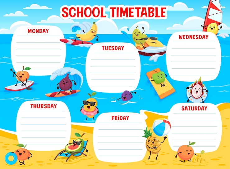 Vektor kinderfahrplan, obst am sommerstrand