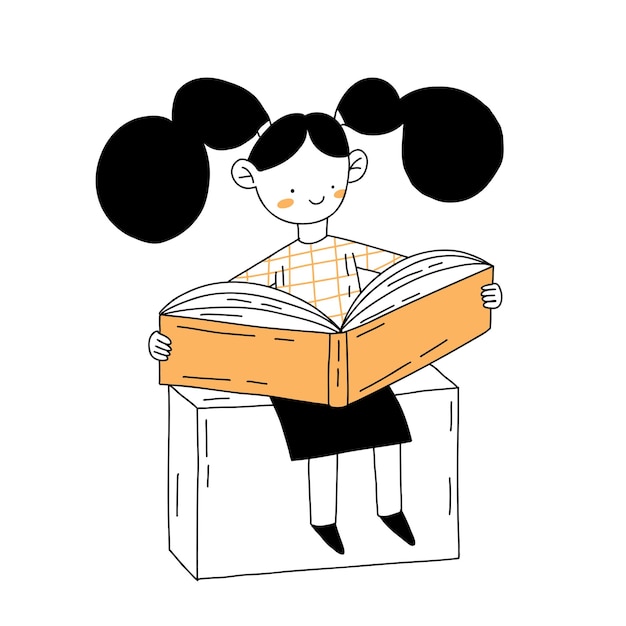 Kinderfigur sitzt und liest bücher. handgezeichnete umrisse minimale illustration im flachen stil