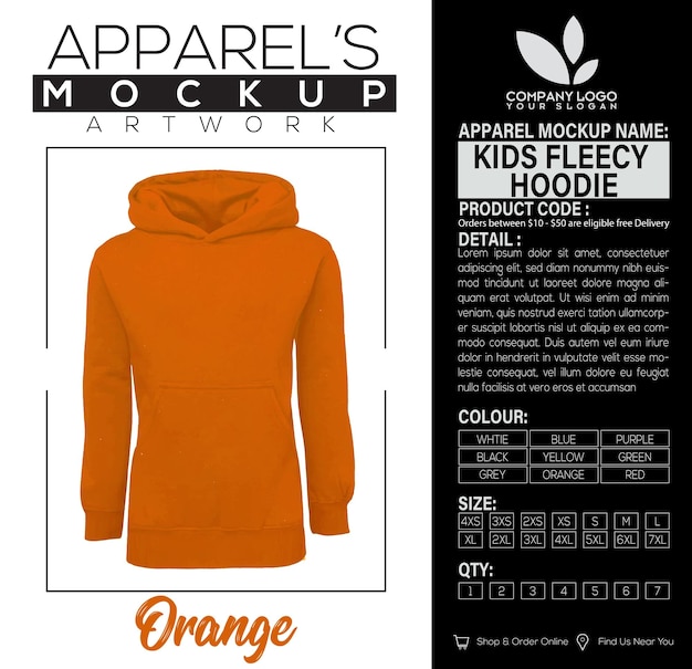 Vektor kinderfleecy hoodie leuchtend orangefarbene kleidung mockup kunstwerk