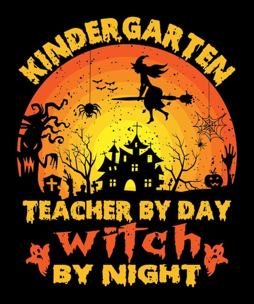 Vektor kindergärtnerin bei tag hexe bei nacht halloween retro vintage t-shirt-design