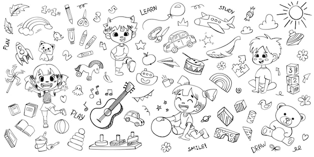 Kindergarten-Droodle-Set Schöne handgezeichnete Vektorillustrationen mit Spielzeugtieren