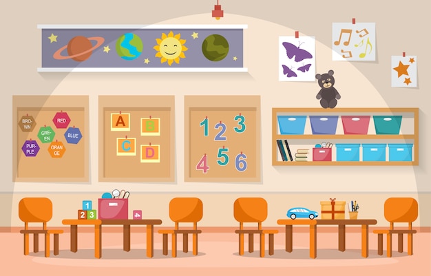 Vektor kindergarten klassenzimmer interieur kinder kinder schule spielzeug möbel