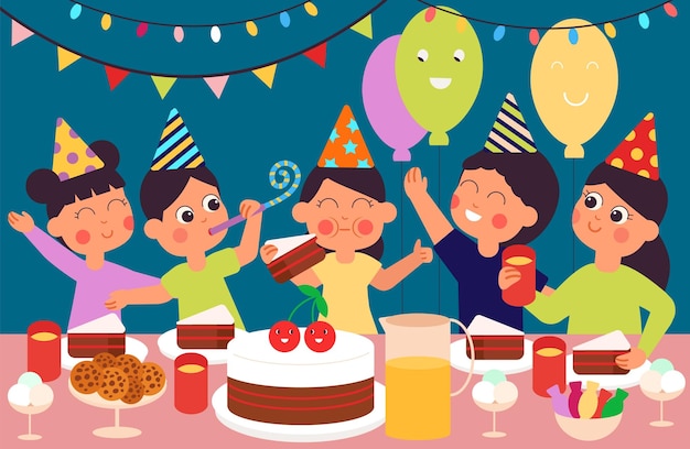 Kindergeburtstagsfeier fröhliche süße kinder kleinkinder essen süßigkeiten desserts zeichentrickfiguren sitzen am tisch festliches mittag- oder abendessen anständiges vektorkonzept