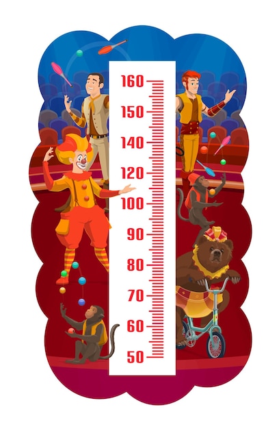 Vektor kinderhöhendiagramm, shapito-zirkustiere und darsteller-wachstumsmesser-vektordesign. linealskala von kindern, wachstumsmessaufkleber mit cartoon-zirkusbühne, clown, jongleure