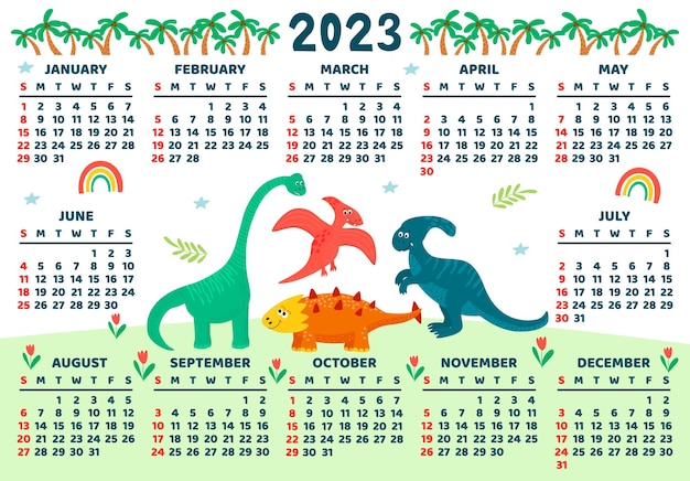 Kinderkalendervorlage für 2023 helles horizontales design mit abstrakten dinosauriern bearbeitbare vektorillustration im flachen stilsatz von 12 monaten mit cover die woche beginnt am sonntag