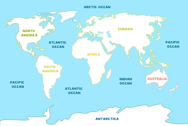Kinderkarte der Welt Spurenlinien Amerika Europa Asien Afrika Australien Vektorillustration