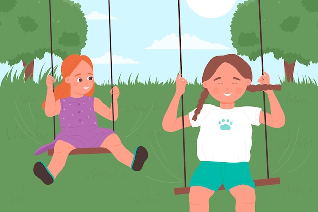 Kindermädchen reiten auf dem spielplatz oder im sommer naturgarten kinder spielen zusammen spiel