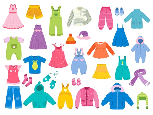 Kindermode Modische Kleidung im modernen Stil, lässige und stilvolle Hemdhosen, Pullover und Jacken, aktuelle Vektor-Flachbilder-Set-Kollektion