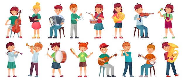 Kinderorchester spielen musik. kind spielt ukulele gitarre, mädchen singen lied und spielen trommel. kindermusiker mit musikinstrumenten-illustrationssatz.