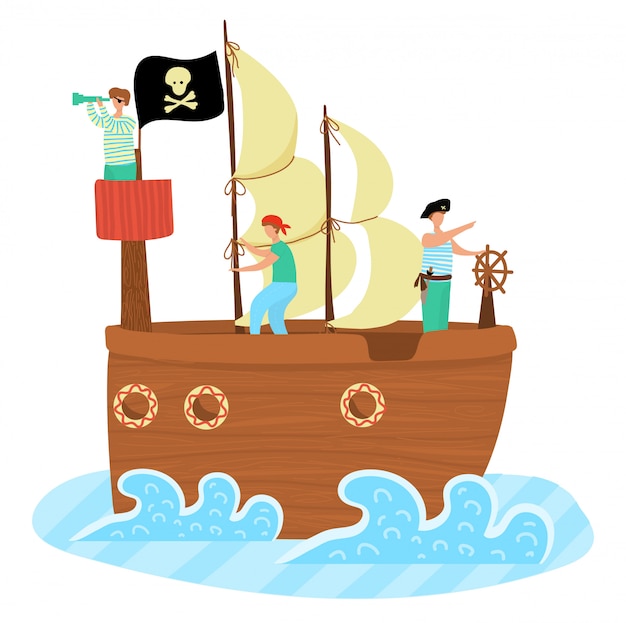 Kinderpiratenschiff, das im meer segelt, abenteuer, schwarze flagge und segel mit schädel und gekreuzten knochenkarikaturkarikaturillustration lokalisiert auf weiß.