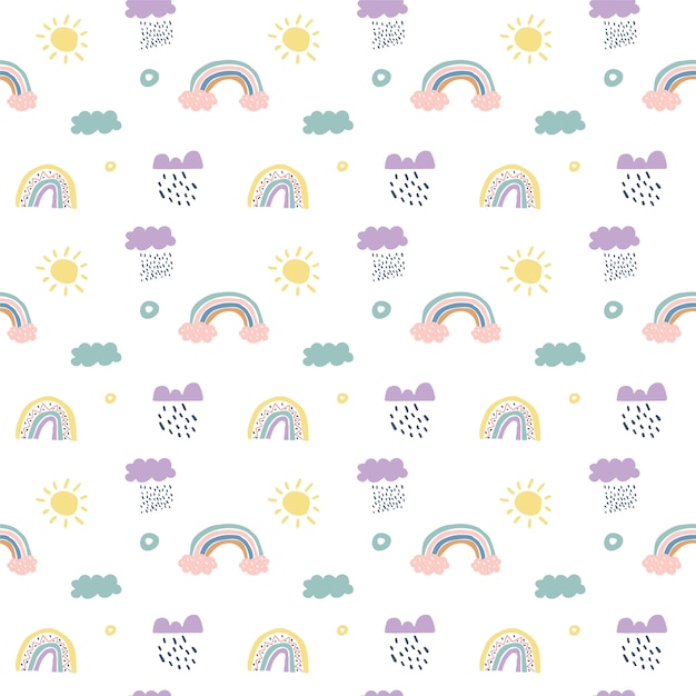 Kinderskandinavische nahtlose Musterwolken, -regen, -sonne und -regenbogen