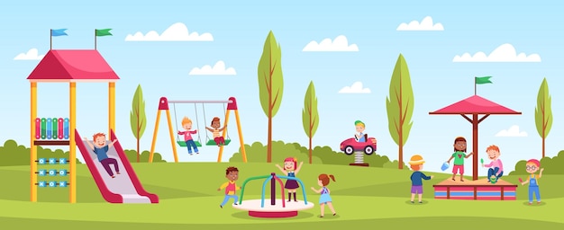 Vektor kinderspielplatz spielen fröhliche mädchen und jungen spielen spielbereich outdoor-aktivitäten kindergartenspiele lustige farbfahrten spielbereich mit rutsche und schaukel vektor-cartoon-konzept