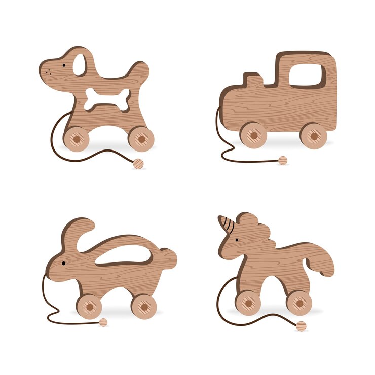 Vektor kinderspielzeug für kinder spiele und unterhaltung set aus holz hund lokomotive hase einhorn