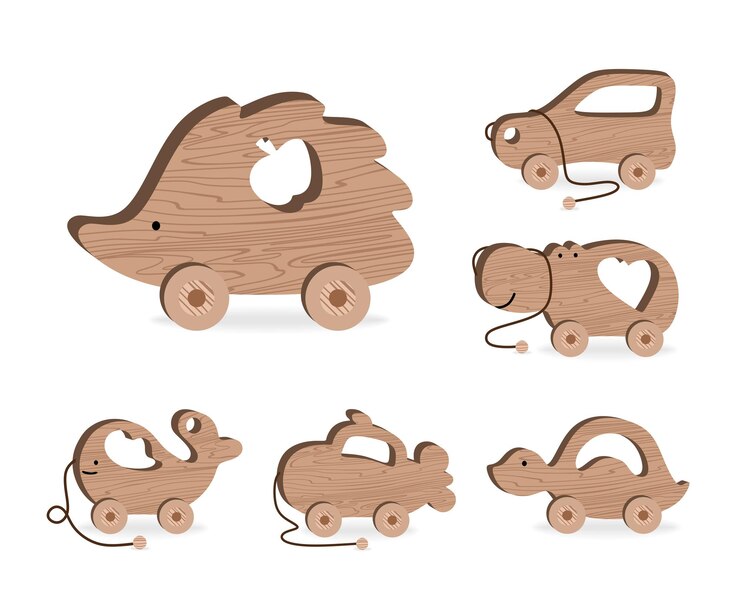 Vektor kinderspielzeug für kinderspiele und unterhaltungsset hölzerne igelmaschine hippo