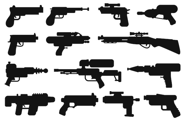 Kinderspielzeugwaffen Wasserpistolen Pistolen Blaster Plastikhandfeuerwaffen Strahlenpistolen isolierte Vektorsilhouetten
