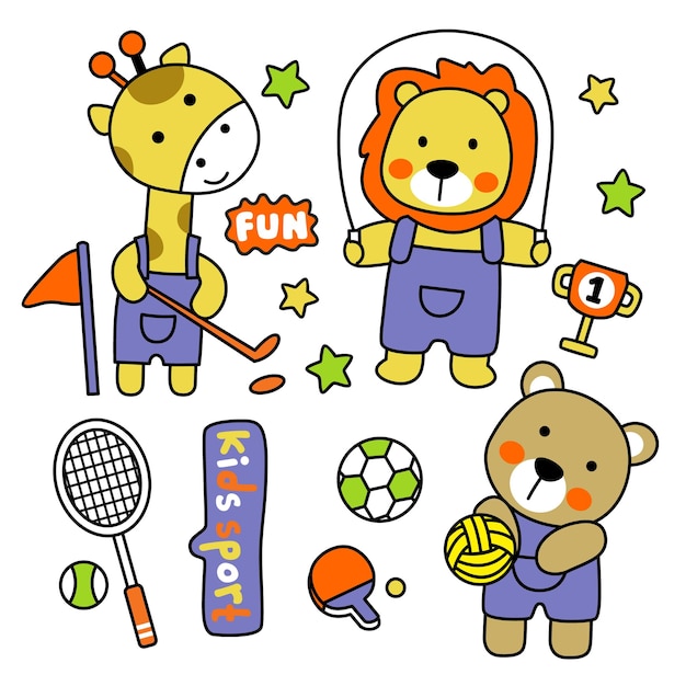 Kindersport-set, lustiger tier-cartoon