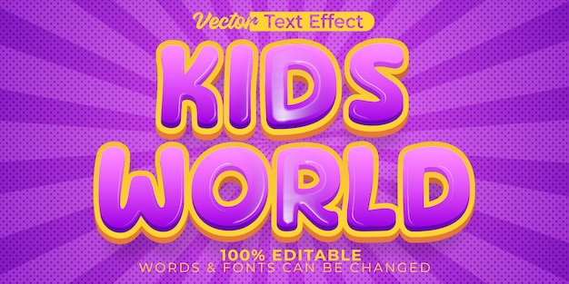 Kinderwelt-Vektortexteffekt, editierbares Alphabet, Cartoon-Comic-Kind, lustig, glücklich, super