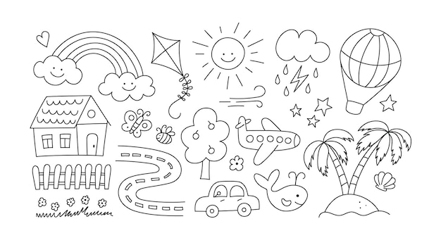 Kinderzeichnungen eingestellt kinder doodle handgezeichnete straße mit auto und niedlichem haus sandinsel und palmen lächelnde sonnenwolke und regenbogen bearbeitbarer strich vektorillustration auf weißem hintergrund