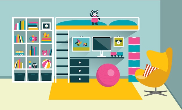 Kinderzimmer Kindermöbel mit Etagenbett und Tisch Flache Designvektorillustration