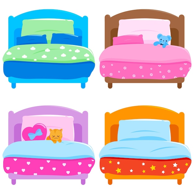 Kinderzimmermöbel für Jungen und Mädchen Zimmerbetten zum Schlafen Bettkollektion Vektorillustration