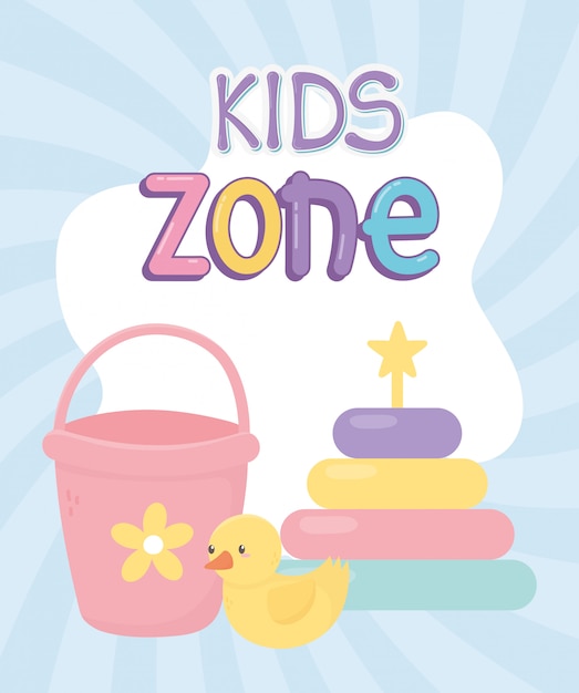 Kinderzone, eimer gummiente und puzzles tower spielzeug sunburst hintergrund