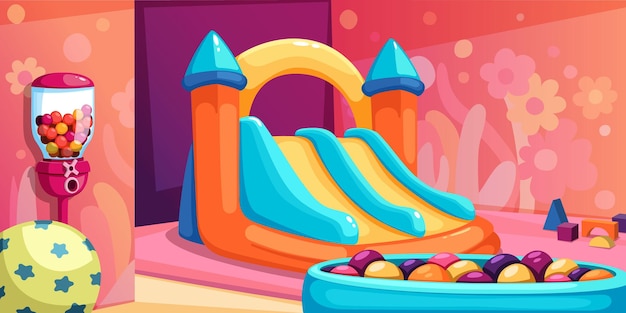 Kindischer Innen-Spielplatz Cartoon minimalistisches Spielzimmerinterieur mit Rutsche trockener Pool mit Bällen