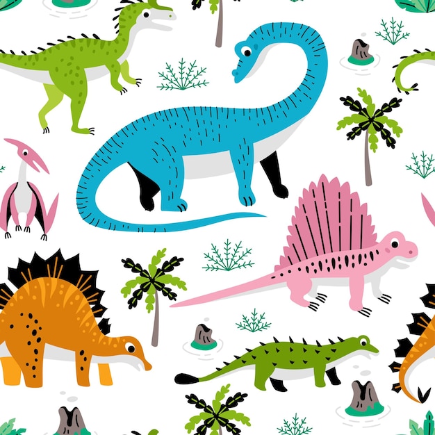 Kindisches nahtloses Muster mit Hand gezeichnetem Dino-Gewebe stockillustration