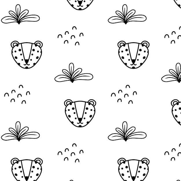 Kindisches nahtloses muster mit niedlichem leopardenkopf. muster mit leoparden im doodle-stil