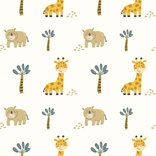 Kindliches Tiermuster mit tropischen Pflanzen Kindliches süßes Printdesign