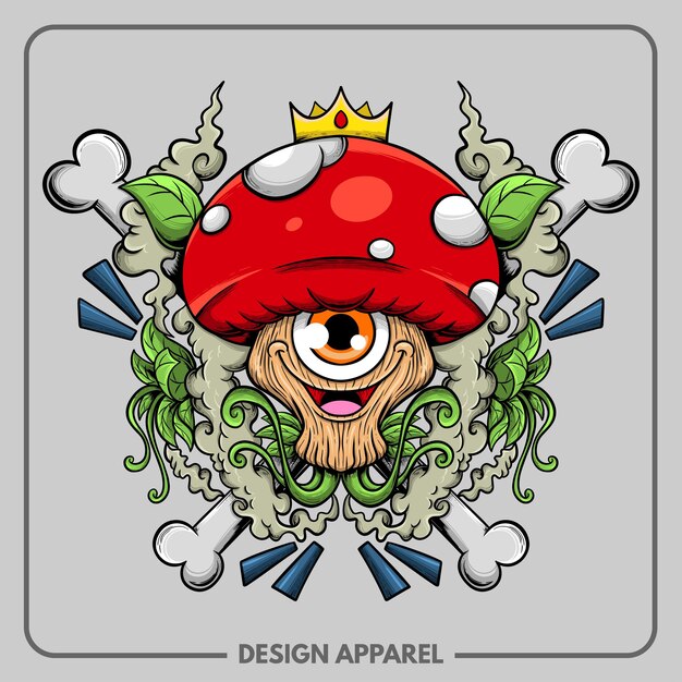 Vektor king mushroom illustration t-shirt und bekleidungsdruckdesign