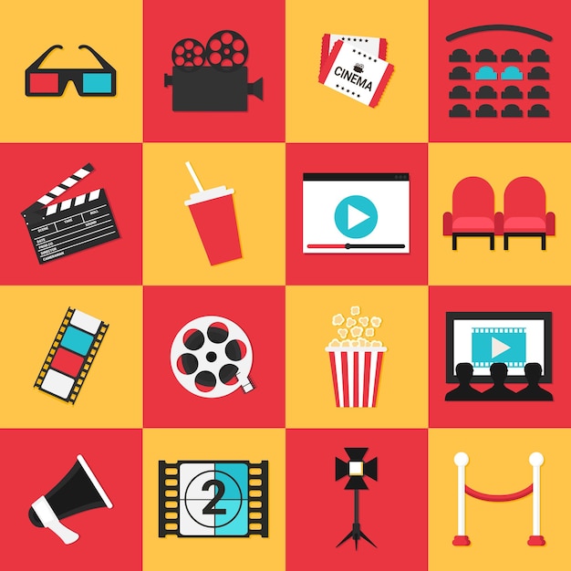 Kino-Film-Ikonen-Set 3D-Brille-Kamera-Tickets Kino-Reservierung Klapper-Board-Filmstreifen