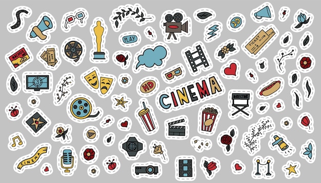 Kino-tv-shows serien und filme lustiger doodle-vektor-set handgezeichnete bunte illustration für p ...