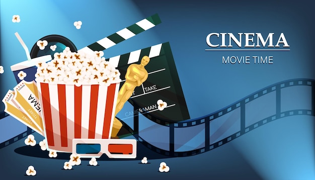 Kinofilmzeit Online-Kinokunstfilm Anschauen mit Popcorn-D-Brille und Filmstreifen-Cinematograp