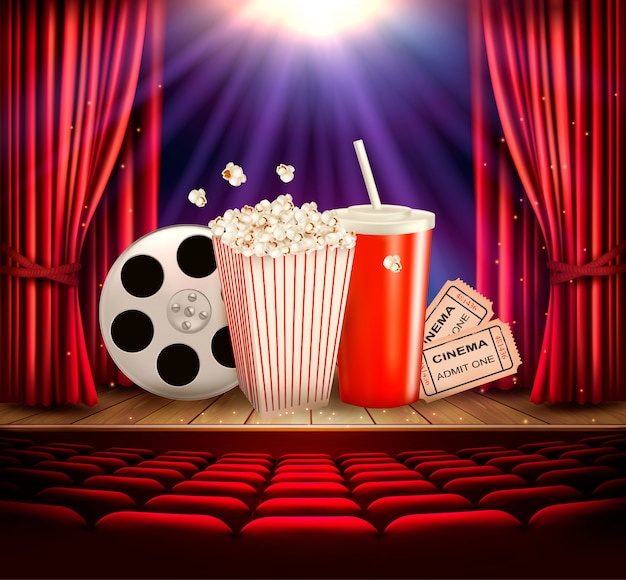 Kinohintergrund mit einer Filmrolle, Popcorn, Getränk und Karten. .