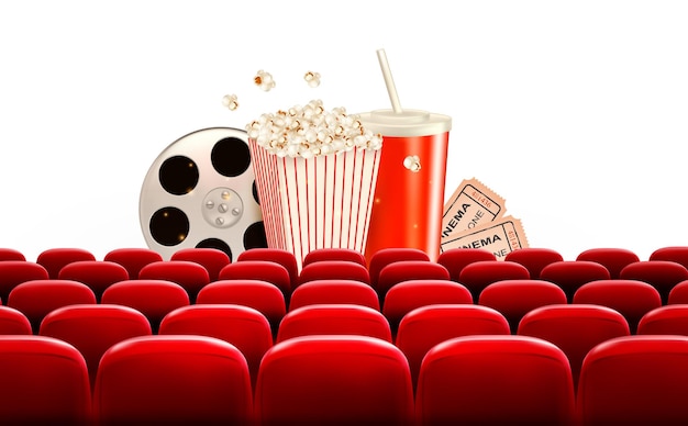 Kinohintergrund mit einer Filmrolle, Popcorn, Getränk und Tickets.