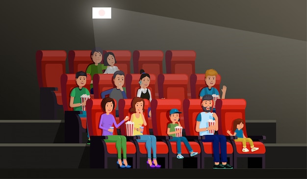 Kinoinnenraum mit den leuten, die popcorn essen und film im bildpalast genießen