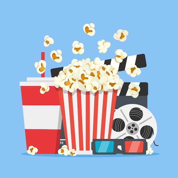 Kinokonzeptposter mit Popcorn, Getränk, Filmklappe und 3D-Brille. Filmzeit.