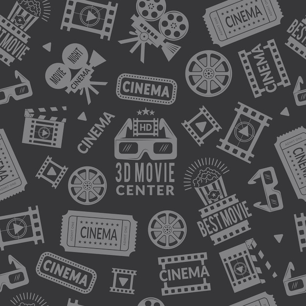 Vektor kinomuster nahtloser hintergrund mit symbolen der kino- und filmproduktion vektor-kinoproduktionsfilmkamera und unterhaltungshintergrundillustration