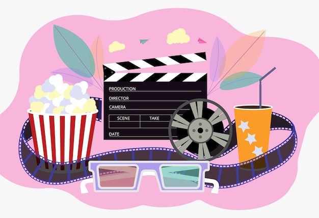 Kinowerbung Bucket für Popcorn-Filmstreifen und -Rollen Banner für die Filmproduktion Filmpremiere der Show Bunte Vektorillustration
