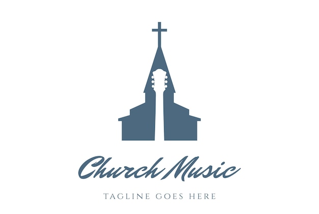 Kirchenkapelle silhouette mit gitarre für religion music song logo design