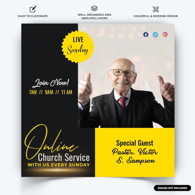 Kirchenrede instagram social media posten web-banner-vorlage vektor premium